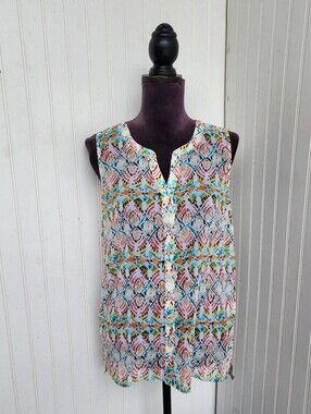 J. Jill women’s sheer sleeveless top v- neck button front beachwear Sheer Sz XS